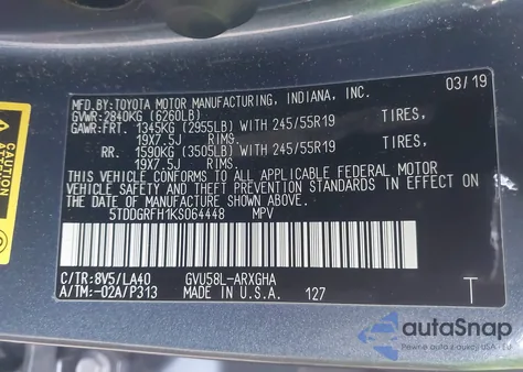 2019 Toyota Highlander Hybrid Limited z USA, uszkodzony, nr VIN 5TDDGRFH1KS064448